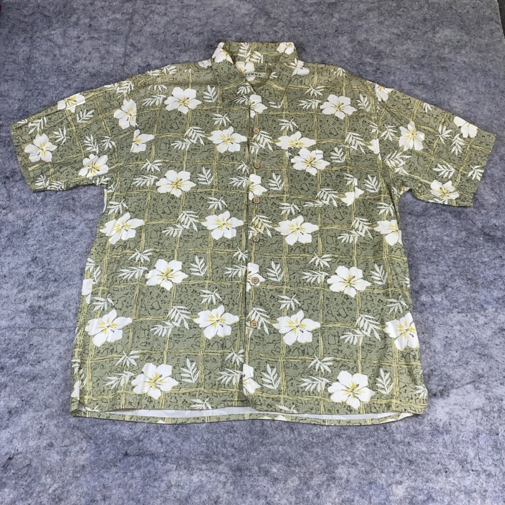 Summa Hawaiian Shirt Men's Large Olive‎ Green Floral Short Sleeve Leaf Aloha